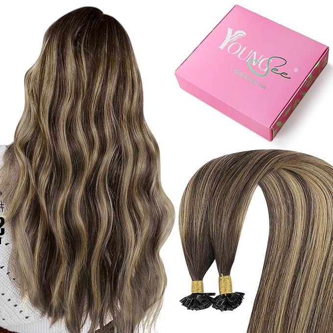 YoungSee K Tip Hair Extensions Real Human Hair Balayage Brown with Blonde 16In K Tip Keratin Hair Extensions Balayage Pre Bonded Hair Extensions Comfortable and Soft Hair Extensions Ktip 50S/50G