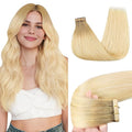 GOO GOO Tape in Hair Extensions Human Hair, R7/60F Rooted Ash Blonde with Frosted Highlights, 18inch 50g 20pcs, Skin Weft Seamless Invisible, Silky Straight with Thick Ends, Remy Human Hair
