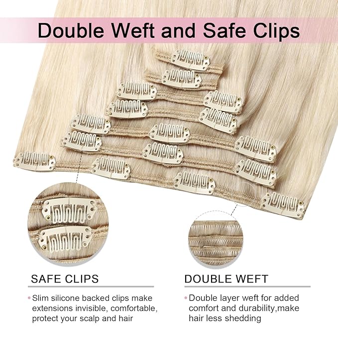 Pro2.0 Remy Clip in Extensions Real Human Hair Color #60 Platinum Blonde Remy Clip in Hair Extensions Real Human Hair 18inch 120g Thick 7pcs Seamless Double Weft for Women（#60-18inch）