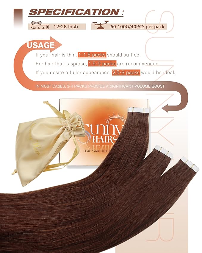Sunny Hair Tape in Hair Extensions Human Hair, 24inch 40Pcs Auburn Brown Human Hair Tape in Extensions Remy Invisible Tape ins Human Hair Extensions Straight