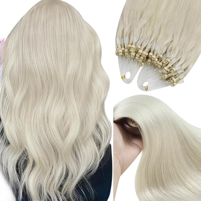YoungSee Micro Bead Hair Extensions Real Human Hair Blonde 16 Inch Micro Link Hair Extensions Human Hair Platinum Blonde 50g Beaded Hair Extension Blond 50s Cold Fusion Hair Extension 50g for Girls