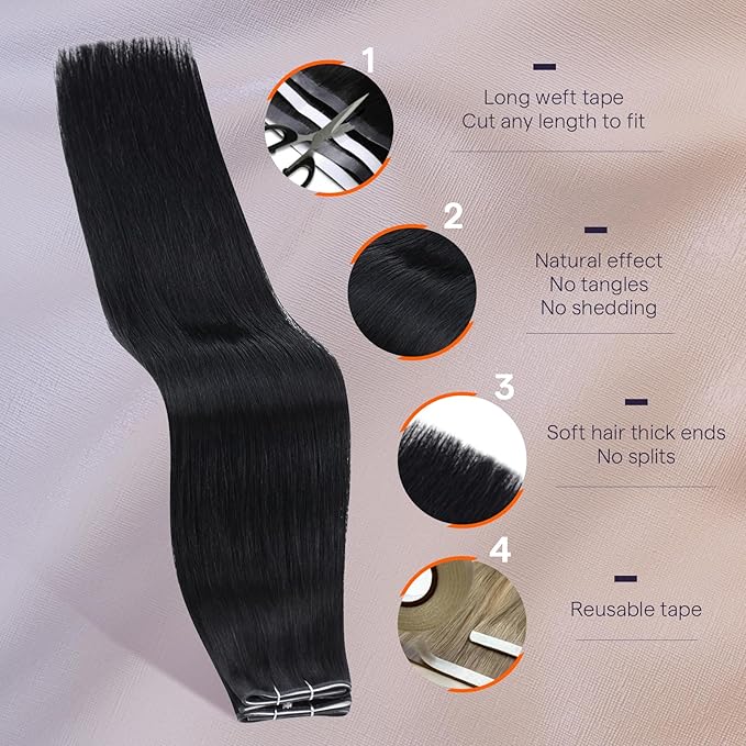 Full Shine Double Weft Tape in Hair Extensions Color 1 Jet Black Silky Straight Tape in Weft Hair Extensions PU Genius Weft Cuticles Aligned Brazilian Hair 20Inch 50G for Casual Outings