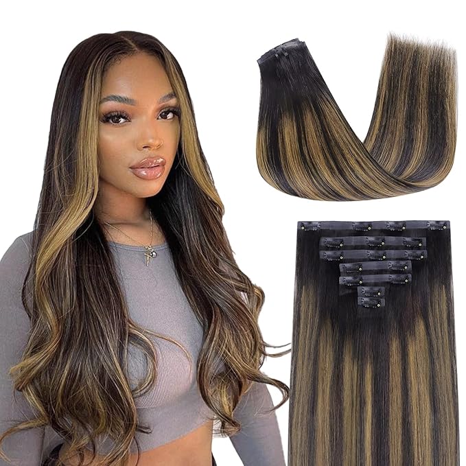 Lashey Seamless Hair Extensions Clip ins Staright 110g Natural Black Mixed Chestnut Brown 18 Inch 7pcs PU Weft Clip in Hair Extensions Real Human Hair with Invisi Edge for Black Women