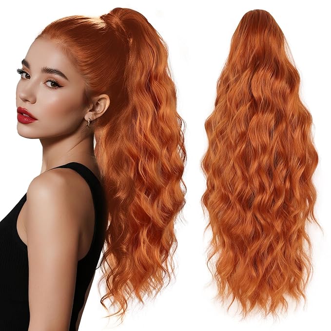 Ponytail Extension, Claw Clip Ponytail Extensions for Women Wavy Pony Tails Hair Extensions 18 Inch Clip in Ponytail Hairpiece Fluffy Natural Synthetic for Daily Use (Ginger Copper)