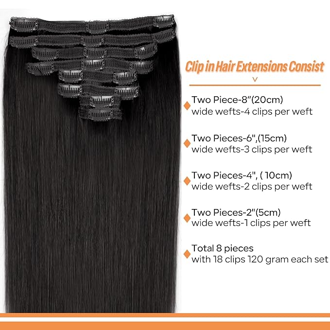 Straight Clip In Hair Extensions Real Human Hair 8Pcs Clip In Jet Black Human Hair Extensions with 18Clips Lace Weft 120g 22inch