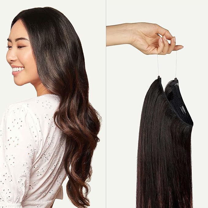 Luxy 100% Remy Human Hair – Halo Clip-In Hair Extensions –Natural Looking Volume & Length - One-Piece - Easy 5-Min Application 140 grams 16" Off Black Balayage