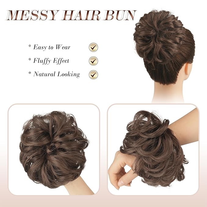 FESHFEN Messy Bun Hair Piece - Large Elastic Wavy Curly Hair Bun Scrunchies Ponytail Extensions Synthetic Chignon Hairpieces for Women, Brunette Brown 1.94oz