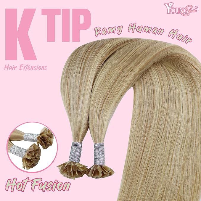 YoungSee K Tip Hair Extensions Human Hair Blonde Highlight Ktip Human Hair Extensions Golden Blonde Highlight 18inch 50s/50g