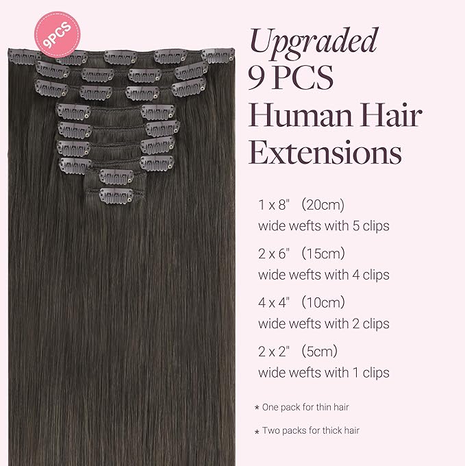 GOO GOO Clip in Hair Extensions Real Human Hair, Remy Human Hair Extensions Clip ins for Women, Natural Human Hair, 22inch 150g 9Pcs, 1C Mocha Brown