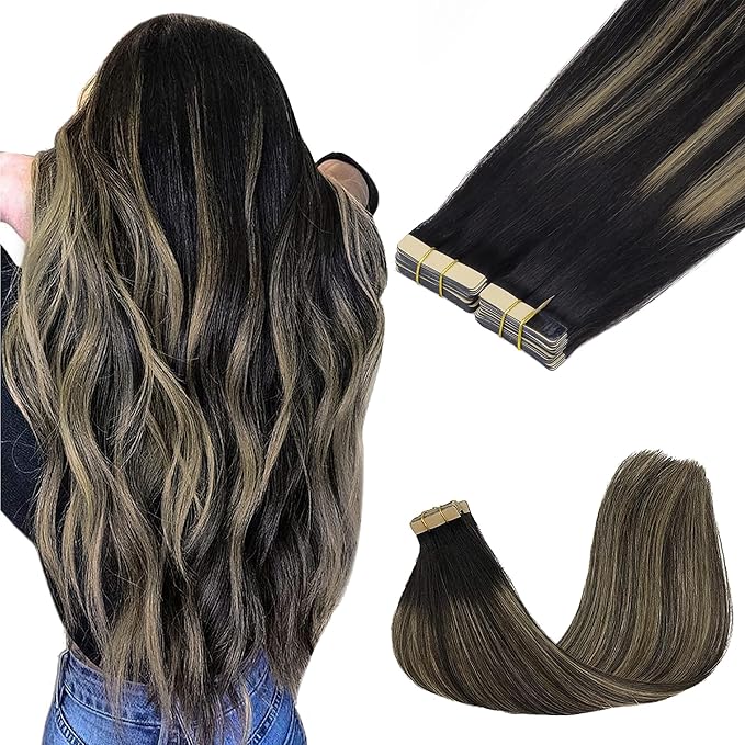 GOO GOO Tape in Hair Extensions Human Hair, 1B/19/1B Natural Black to Light Blonde, 18inch 100g 40pcs, Skin Weft Seamless Invisible, Silky Straight with Thick Ends, Remy Human Hair