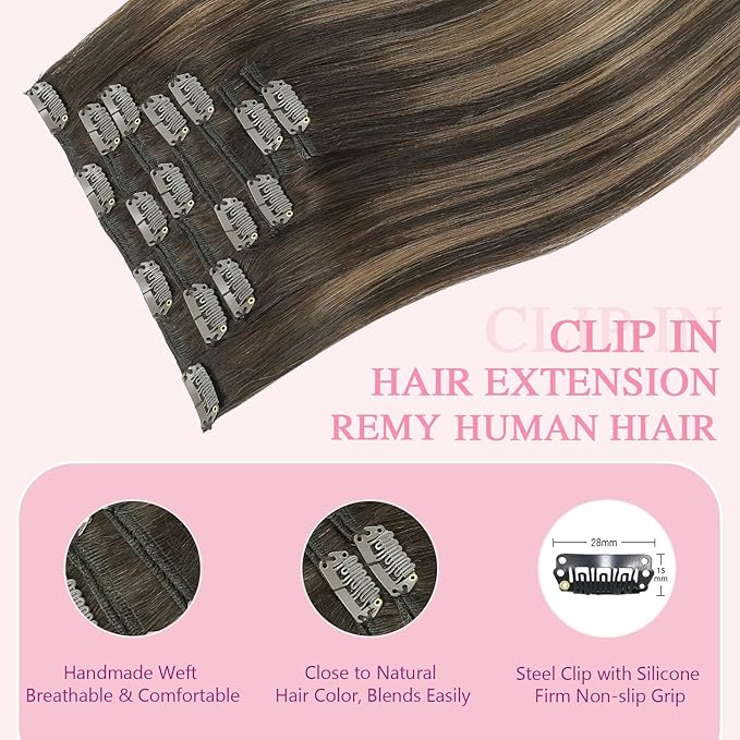 PINKPEARL Clip in Hair Extensions Human Hair Extensions, #2/6/2 Balayage Dark Brown to Chestnut Brown 120g 7pcs 20 Inch Real Human Hair Extensions Clip in Straight Remy Silky Weft(#2/6/2-20)