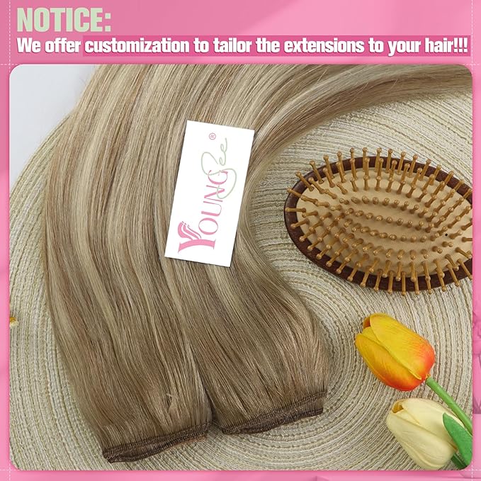 YoungSee 100G Wire Hair Extensions Light Brown Mix Platinum Blonde Human Hair Wire Balayage Fish Line Hair Extensions Real Human Hair Long Straight Hair 20Inch