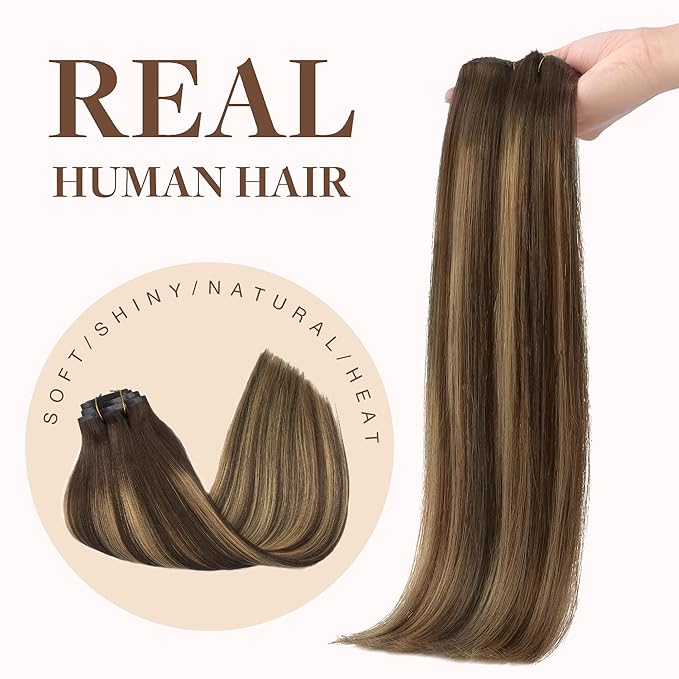 GOO GOO Clip in Hair Extensions Real Human Hair, Remy Human Hair Extensions Clip ins for Women, Natural Human Hair, 12inch 85g 7Pcs, #4/27/4 Balayage Chocolate Brown to Caramel Blonde