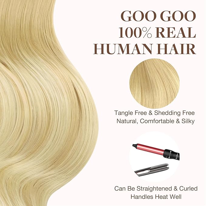 GOO GOO Tape in Hair Extensions Human Hair, 18AT60A Pearl Ash Blonde Highlights, 14inch 50g 20pcs, Skin Weft Seamless Invisible, Silky Straight with Thick Ends, Remy Human Hair