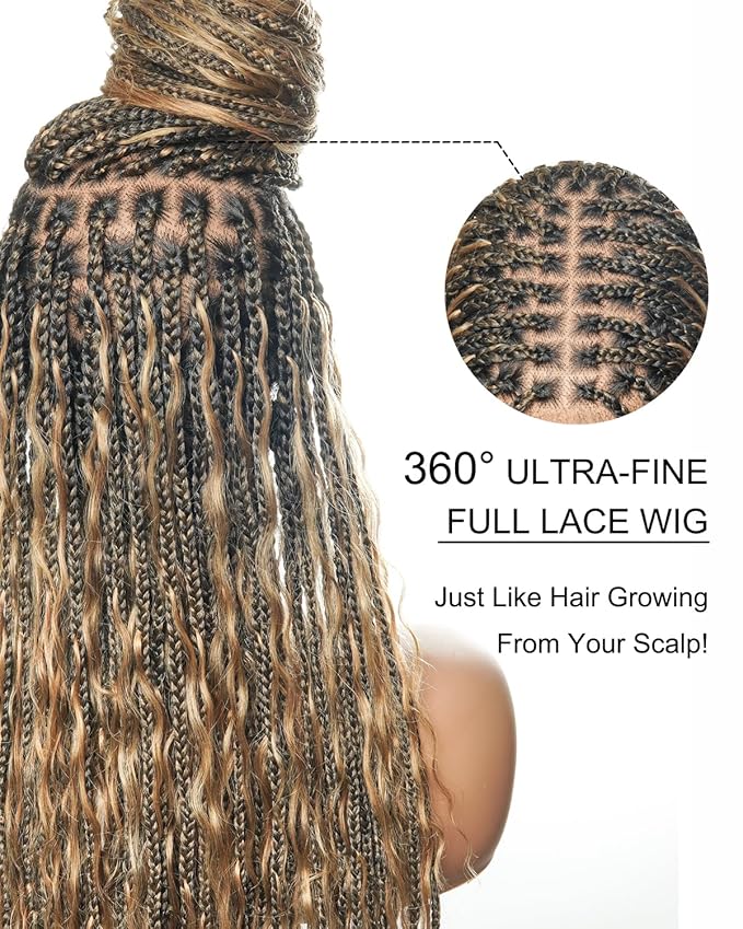 Human Hair Boho Curls Hand-Tied HD Full Lace Wig - 36" Salon-Level Small Box Synthetic Braids (121 Braids, High Density) Pre-Cut Swiss HD Lace, Pre-Plucked, Tangle-Free - 1B/27 Honey Blond