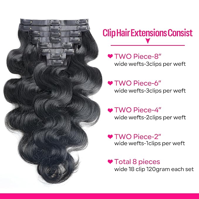 Seamless Clip in Hair Extensions Human Hair Body Wave Human Hair Clip ins for Black Women 8Pcs Invisible Skin Weft 18Clips 120g 26inch Natural Black