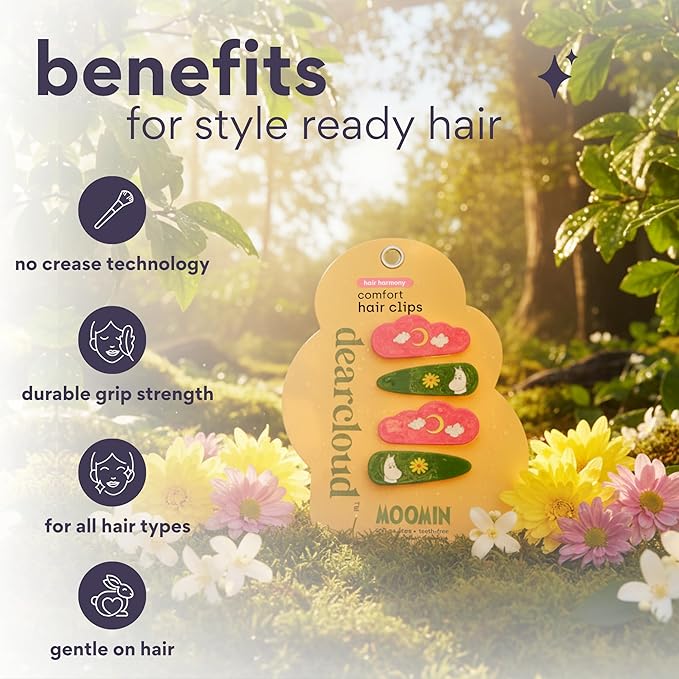 dearcloud Moomin Crease-Free Hair Clips Set of 4 – Gentle, Teeth-Free & Secure Hold (Hair Harmony)