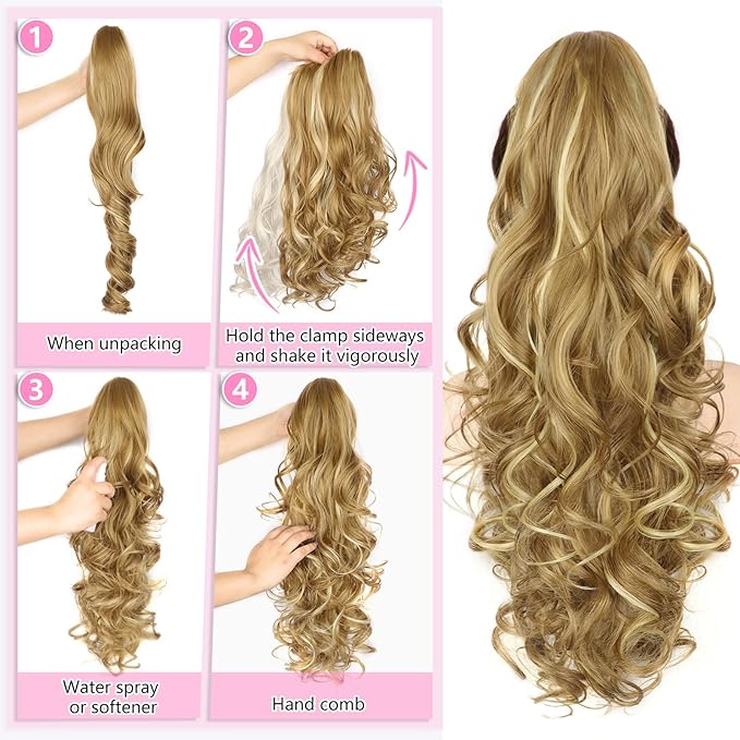 ALXNAN Ponytail Extension,24 Inch Claw Clip in Long Curly Wavy Medium Blonde with Blonde Highlights Ponytail Hair Extension Jaw Clip on Pony Tails Hairpiece for Women
