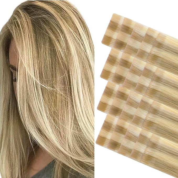 GOO GOO Invisi Edge Tape in Hair Extensions Human Hair, 16/22 Light Blonde Highlighted Golden Blonde 20pcs 20inch 50g, Virgin Remy Hair, Seamless Injected Tape, Natural Look