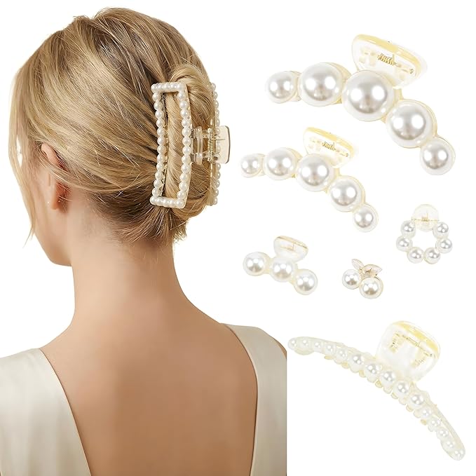 Pearl Hair Accessories for Women - 6PCS Claw Clips for Thick and Thin Hair, Barrettes for Styling and Weddings