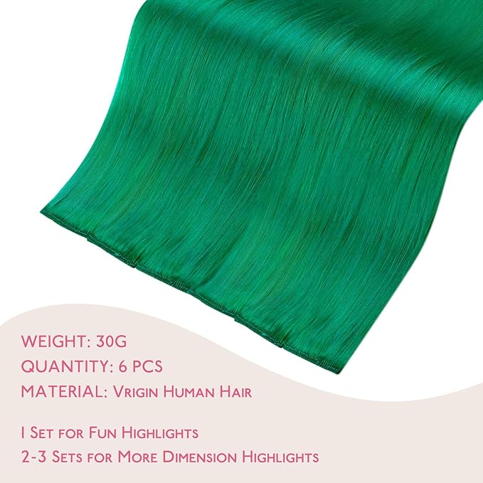 WENNALIFE Green Clip in Hair Extensions Real Human Hair 35g 6pcs 16 Inch Colored Hair Extensions for Kids Women Colorful Hair Pieces Pop-up Style Straight Extensiones De Cabello Humano Con Clip