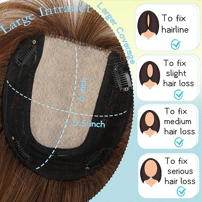 Hair Toppers for Women Real Human Hair, 360°3D Bangs Clip Human Toppers for Women with Thinning hair Realistic Scalp Line (Black, 3D French Bangs(11 * 7)) (Light Brown, 14 Inch Wispy Bangs)