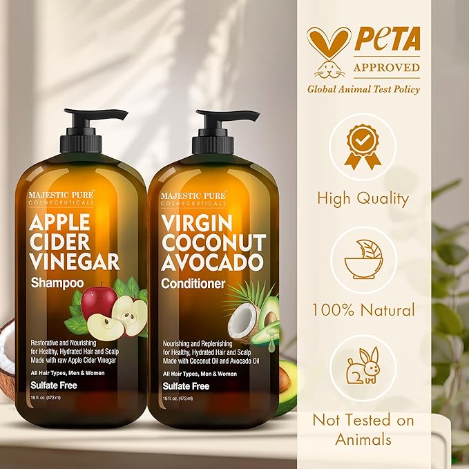 MAJESTIC PURE Apple Cider Vinegar Shampoo and Avocado Coconut Conditioner Set - Restores Shine & Reduces Itchy Scalp, Dandruff & Frizz - Sulfate Free, for All Hair Types, Men and Women - 2 x 16 fl oz