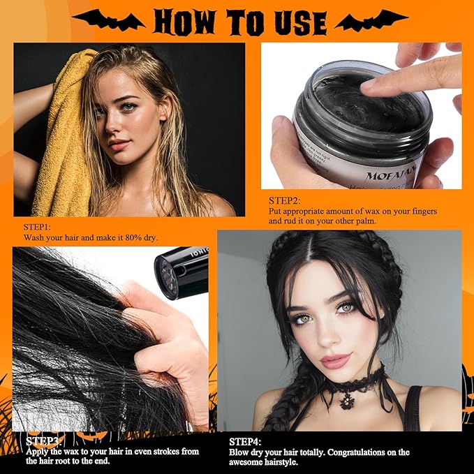 VOLLUCK Temporary Hair Clay Pomades 4.23 oz, Natural Hair Dye Material Disposable Hair Styling Clay Ash for Cosplay. Halloween, Party (Jet Black)