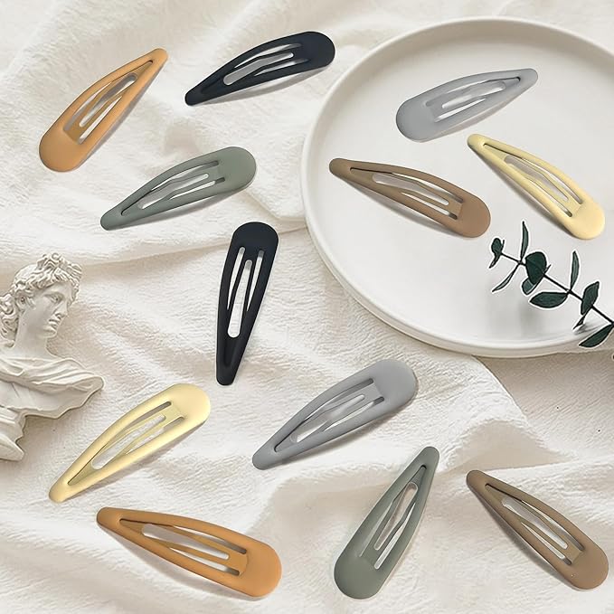 24 PCS 2.36 In Metal Snap Hair Barrettes For Women Water Drop Shape Hair Clips For Thick Thin Fine Hair,Matte Black Brown Gray Yellow Green Khaki