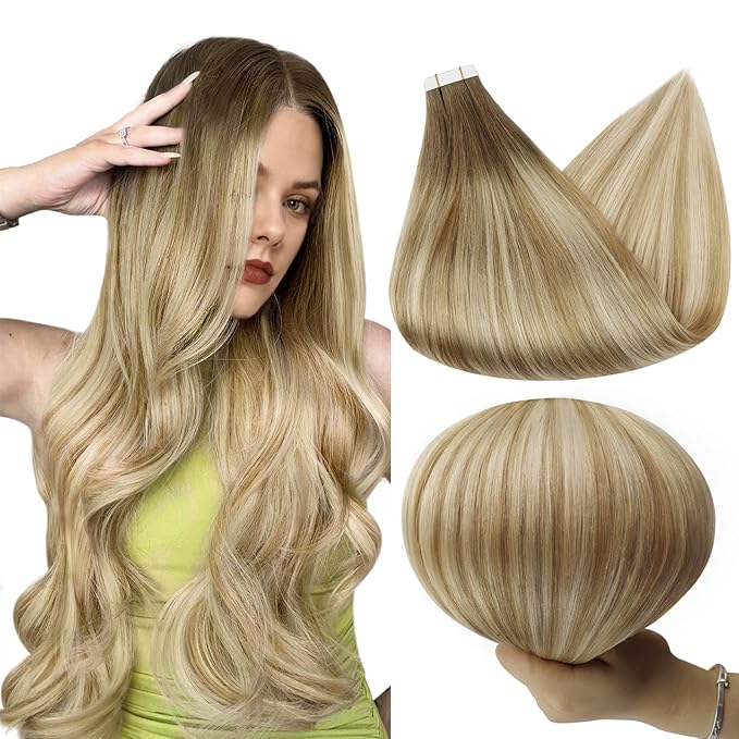 Full Shine Tape in Hair Extensions Human Hair 18 Inch Tape ins Human Hair Extensions Color 6 Chestnut Brown Fading to 27 and 60 Platinum Blonde Seamless Skin Weft Tape Hair Extensions 50G 20Pcs