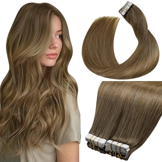 LaaVoo Tape in Hair Extensions Balayage 100g Hair Extensions Tape in Brown Human Hair Tape in Extensions Light Brown to Light Golden Blonde Hair 16inch 40pcs