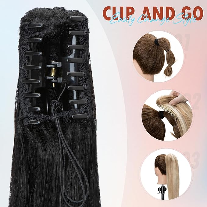 Hairro Clip On Ponytail Hair Extensions Jaw On Claw Clip Ponytails Real Hair Long Jaw/Claw Pony Tail With Clips Hairpieces For Women 18 Inch 115g #01 Dark Black