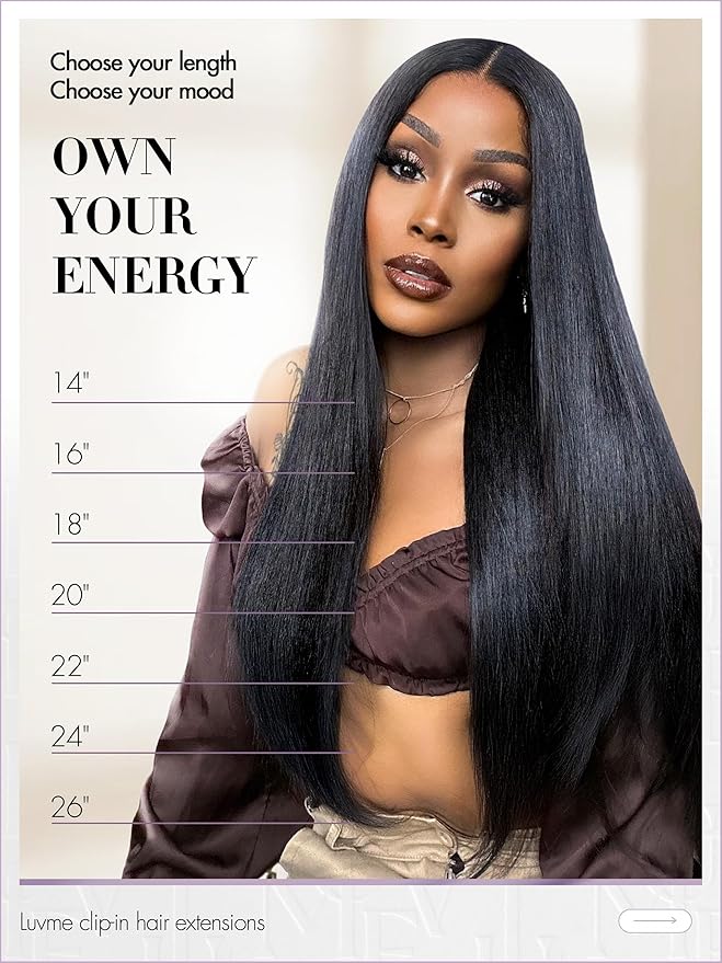 LUVME Yaki Straight Seamless 70g 4Pcs Clip in Hair Extensions Full Max with 22inch Remy Human Hair Clip ins Extensions, Natural Black 100% Real Soft Hair
