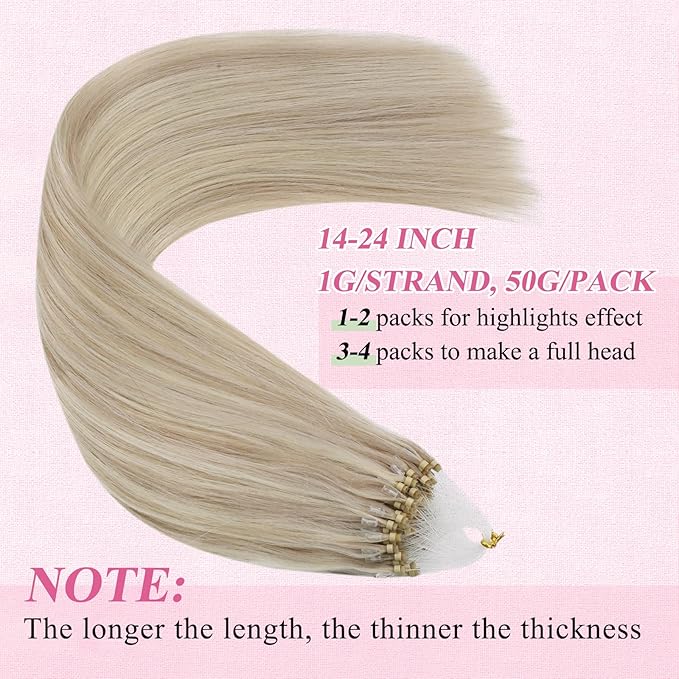 YoungSee Micro Loop Hair Extensions Real Human Hair Blonde Bead Hair Extensions Human Hair Highlight Blonde and Ash Blond Micro Hair Extension 22In 50g Soft Hair Extension for Photo Shoots 50s 50g