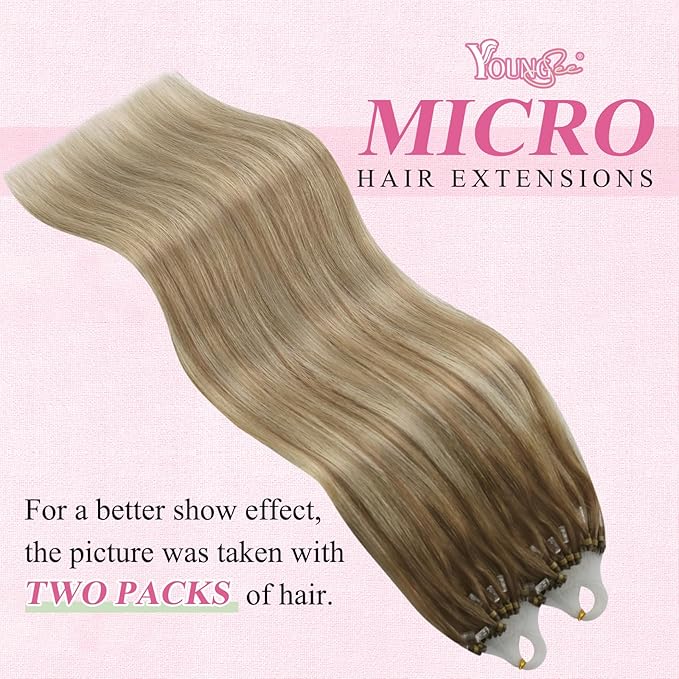 YoungSee Micro Link Hair Extensions Human Hair Balayage Blonde Micro Bead Hair Extensions Real Human Hair Light Brown Ombre Platinum Blonde Microloop Hair Extension 18In for Wedding 50g 50s