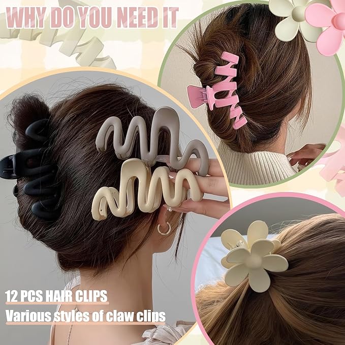 12 Pcs Claw Clips, Multi-Shapes Hair Clips for Women Girls, Non-Slip Large Jaw Claw Clips for Thick Thin Curly Hair Accessories (Blue + Pink)