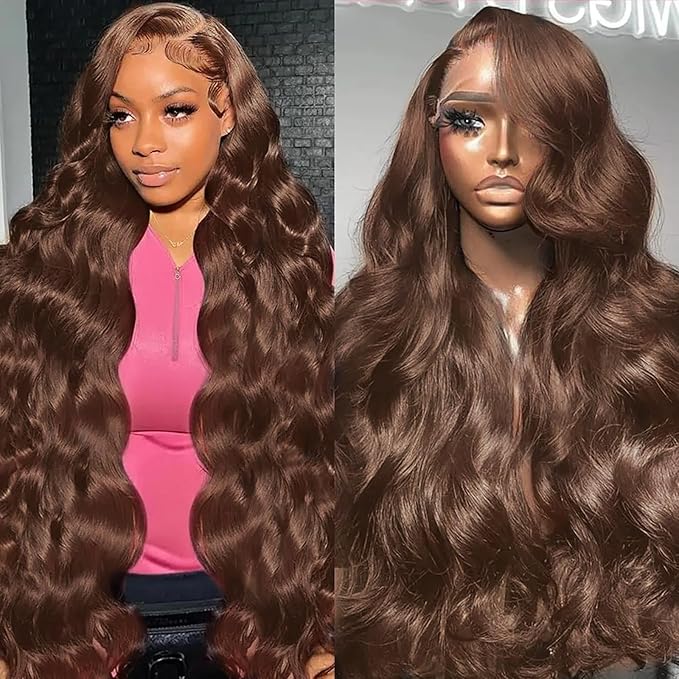 Chocolate Brown Lace Front Wig 200 Density 13x6 HD Body Wave Lace Front Wigs Human Hair Pre Plucked Colored Frontal Glueless Brown Human Hair Wig for Women with Baby Hair 24Inch