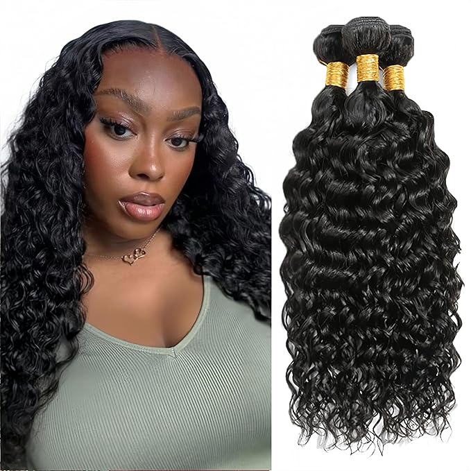 Water Wave Bundles Human Hair Color 1B Bundle Niegmeag Peruvian Virgin Remy Hair 3 Bundles 14 16 18 Inch Double Weft Natural Black Wet and Wavy Bundle
