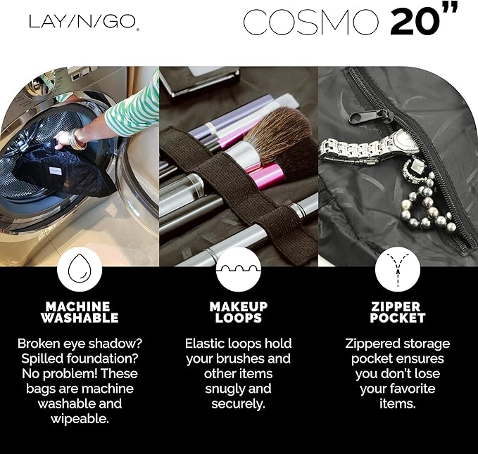 Lay-n-Go Cosmo Layflat Drawstring Cosmetic & Makeup Bag Organizer w/Zipper Pocket, Brush Loops & More, Cinch to Close, Lay Flat to Use, Durable, Machine Wash, Travel Toiletry Bag (20", Black/White)