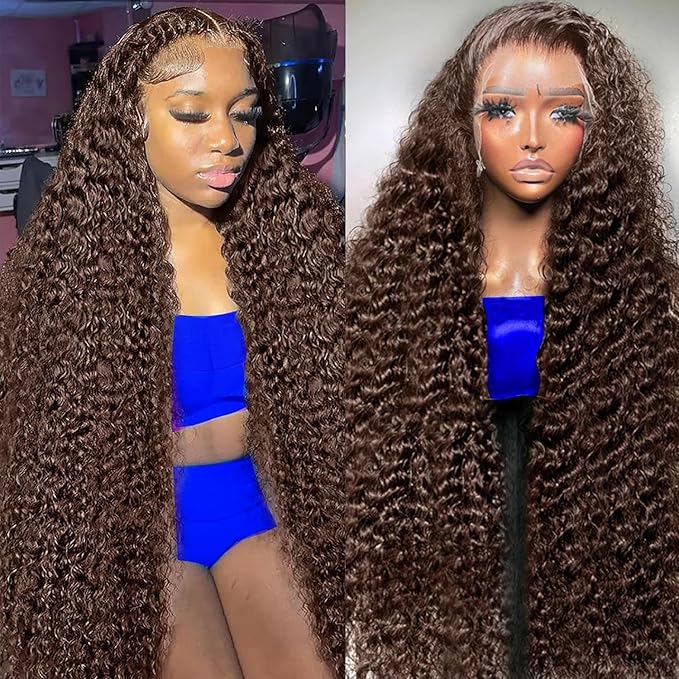 250% Density 34 Inch 13x6 FULL SKINLIKE HD Chocolate Brown Deep Curly lace front wigs Pre Plucked Real 0.10mm Ultra-thin Invisible Water Wave HD Lace Front Wigs Human Hair Small Knots Full Virgin Hair