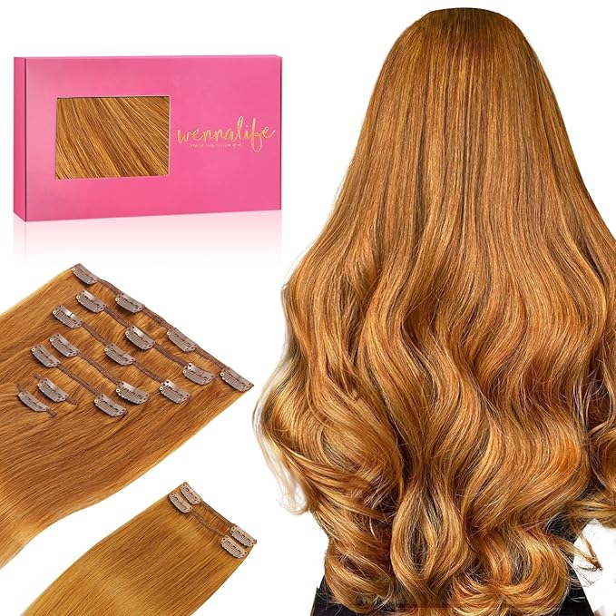 WENNALIFE Clip in Hair Extensions Real Human Hair, 20 Inch 150g 9pcs Human Hair Extensions Clip In, Auburn Ginger Hair Extensions Clip In Real Hair Coloured Remy Human Hair Extensions