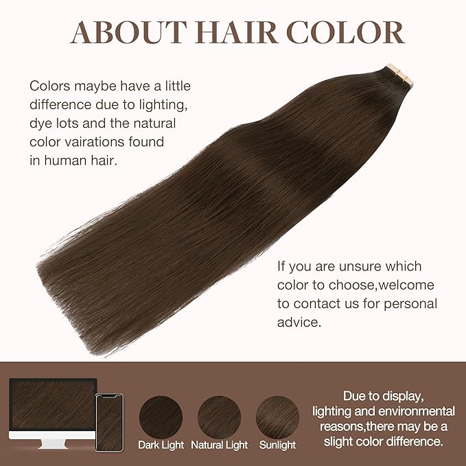 GOO GOO Tape in Hair Extensions Human Hair, 4A Chocolate Brown, 16inch 50g 20pcs, Skin Weft Seamless Invisible, Silky Straight with Thick Ends, Remy Human Hair