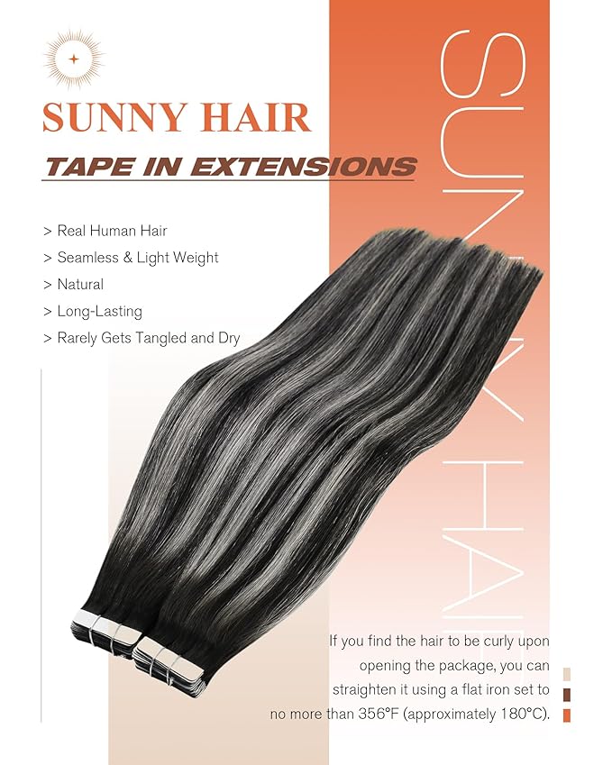Sunny Hair Tape in Hair Extensions Real Human Hair Invisible Remy Hair Extensions Tape ins for Women Natural Black Roots to Silver Grey Balayage 16 inch 20Pcs 50G