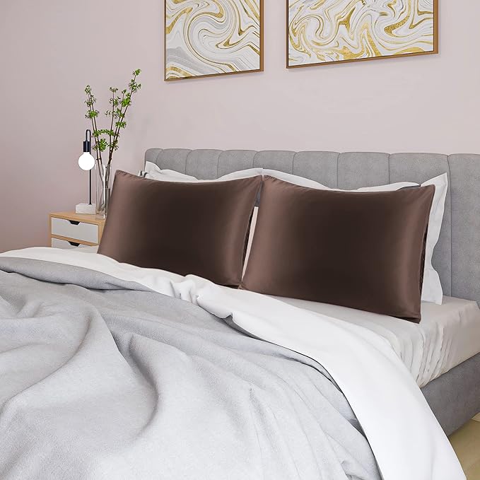 uxcell 2 Pack Silk Satin Pillowcase for Hair and Skin, Cool, Silky, Soft Breathable Pillow Cases Standard Size 20x26 Inch Sateen Pillowcase Brown with Envelope Closure