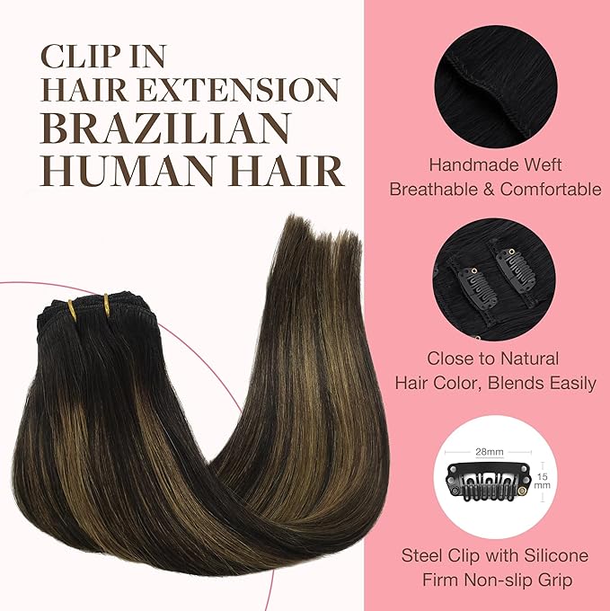 GOO GOO Clip in Hair Extensions Real Human Hair, Remy Human Hair Extensions Clip ins for Women, Natural Human Hair, 12inch 85g 7Pcs, 1B/6/1B Balayage Natural Black to Chestnut Brown