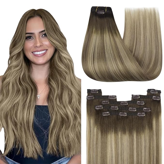 YoungSee 150G Balayage Clip in Hair Extensions Real Human Hair Ombre Hair Extensions Clip ins Walnut Brown Ombre Light Brown with Blonde Clip on Hair Extension for Women 20inch 7pcs