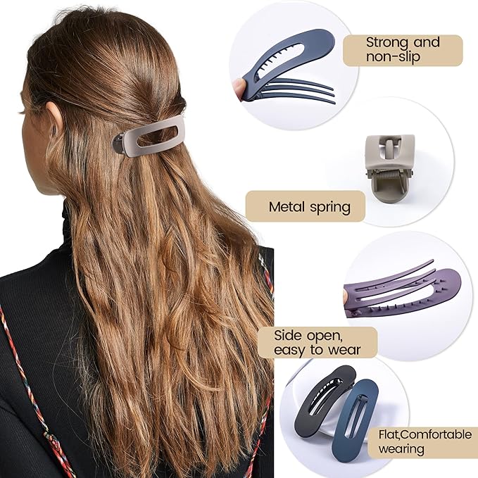 8 Pcs Large Lay Flat Claw Clips for Women French Side Slide Barrettes for Thin Fine Hair Rectangle Alligator Hair Accessories,Matte Khaki Purple Blue Black