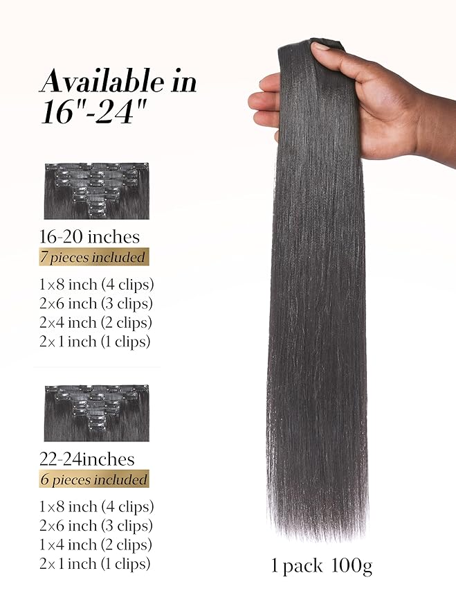 LUVME 0.59mm Zero Trace Invisible Clip in Hair Extensions, Yaki Straight 6 Pcs 100g 22 Inch, 100% Real Human Hair Clip Ins, Zero Trace Wide Wefts, Fast Clip In Routine for Office & Special Events