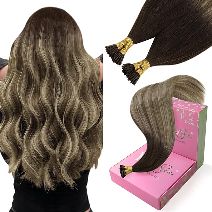 YoungSee I Tip Hair Extensions Human Hair Balayage Itip Hair Extension Real Human Hair Ombre Dark Brown to Brown with Blonde Itip Hair Extension 16 Inch Pre Bonded 80s 50g