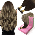 YoungSee I Tip Hair Extensions Human Hair Balayage Itip Hair Extension Real Human Hair Ombre Dark Brown to Brown with Blonde Itip Hair Extension 16 Inch Pre Bonded 80s 50g